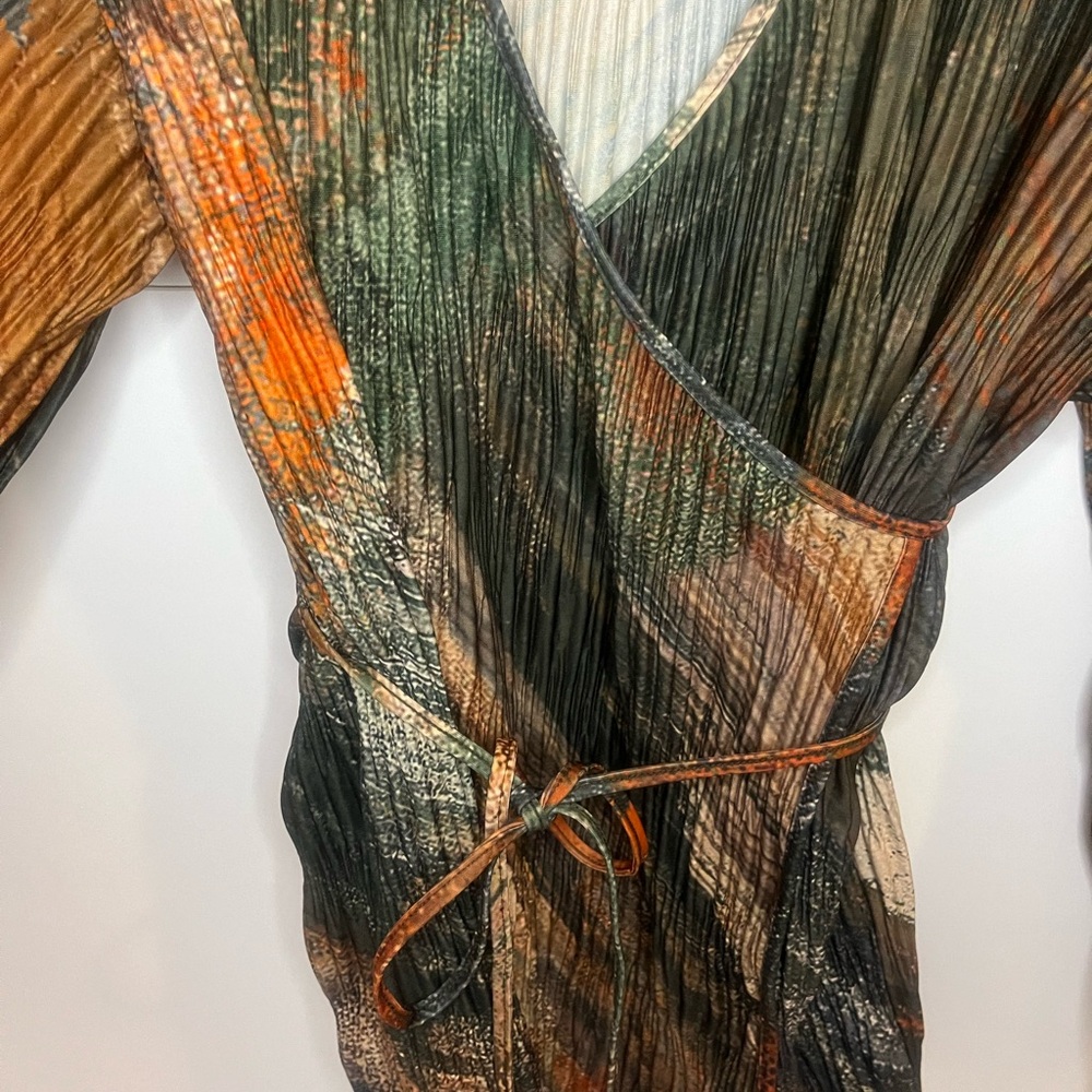 Zara pleated orange green printed bell sleeve kimono wrap size M - Picture 4 of 7